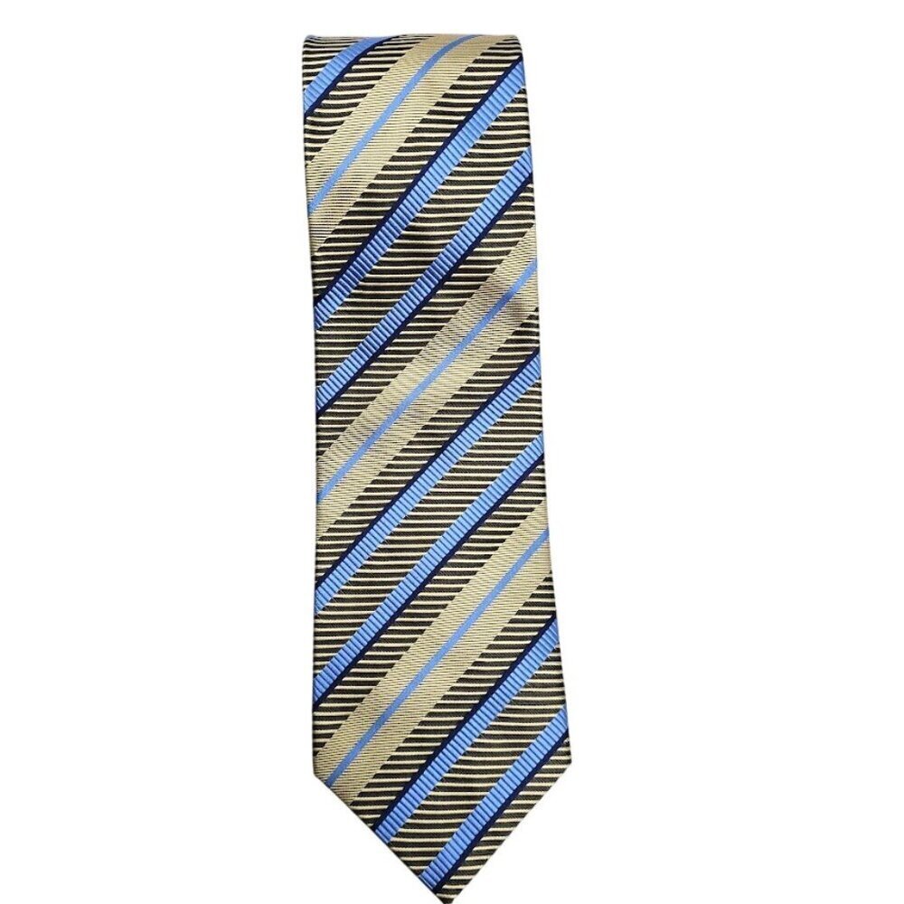LUCIANO VERSI 100% Silk Tie Necktie BLUE NAVY GOLD Stripes 60" Textured Designer